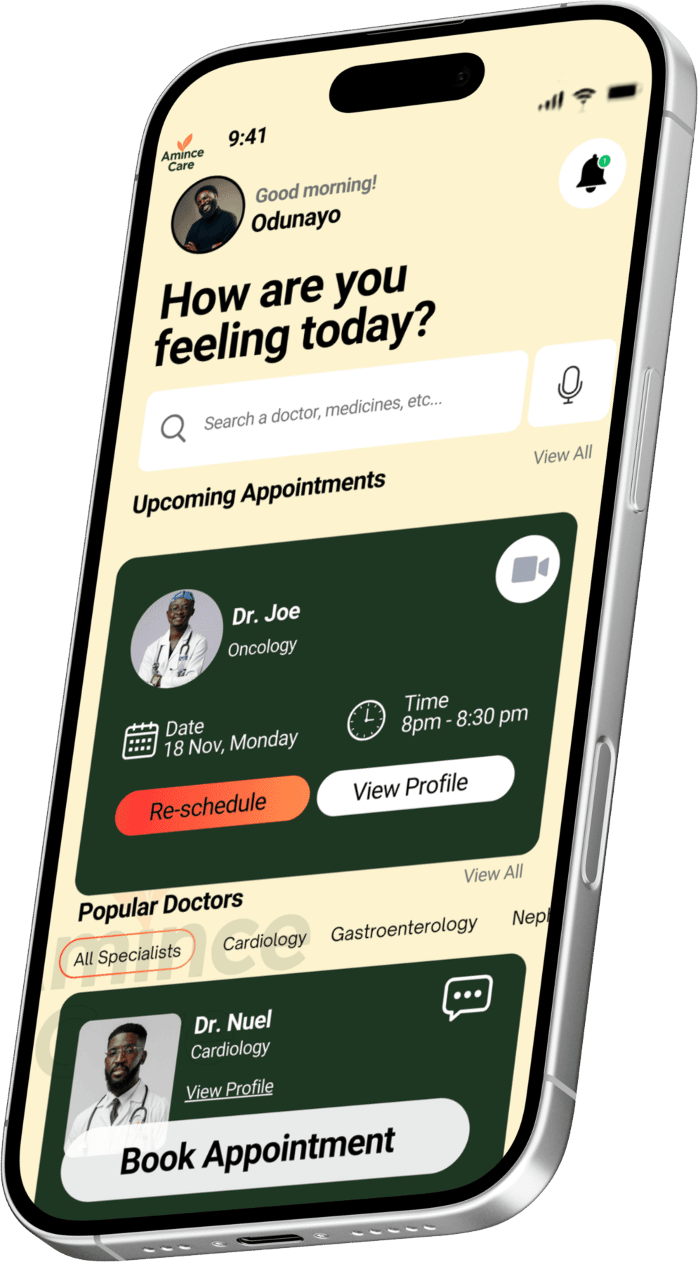 The AminceCare app showing upcoming doctor appointments